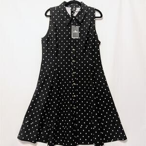 DKNY A-line Sleeveless Black White Polka Dot Sz 14 Dress NWT